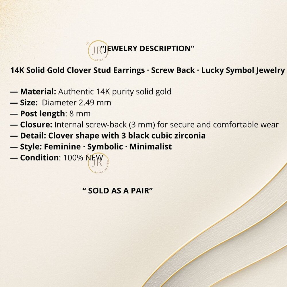 14K Solid Gold Clover Stud Earrings · Screw Back · Lucky Symbol Jewelry. - Picture 8 of 8